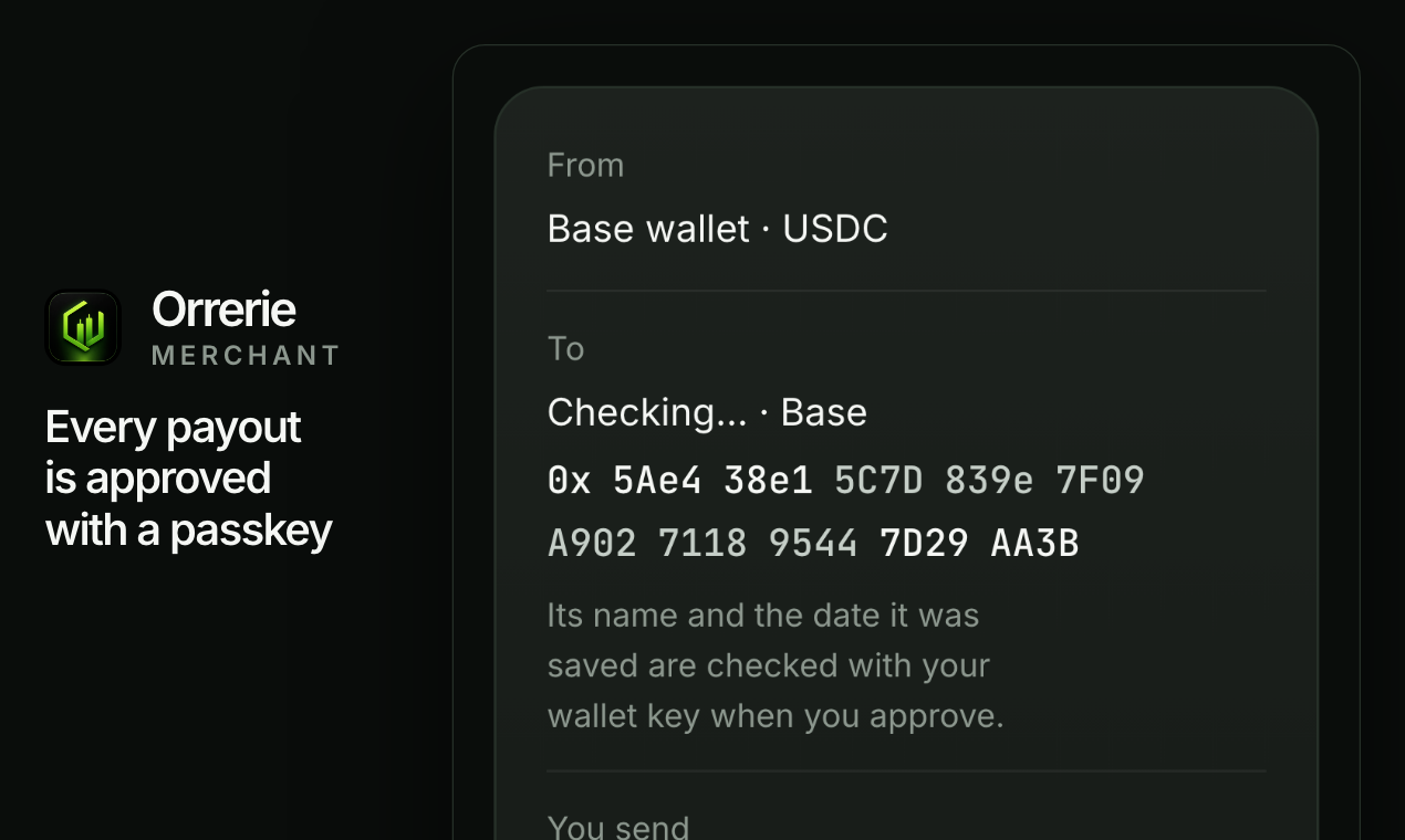 Every payout is approved with a passkey: the built Review of a payout before the passkey.