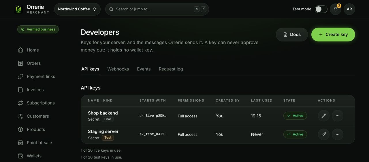 API keys in the dashboard: a live and a test secret key with their permissions.