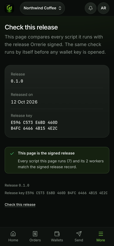 The Check this release panel of the dashboard, showing the release fingerprint.