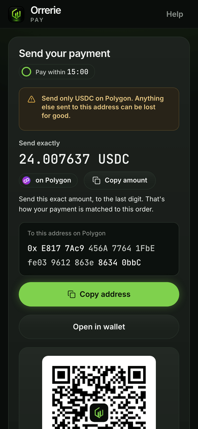 The checkout on a phone awaiting a payment of USDC on Polygon, straight to the business's own Polygon wallet.