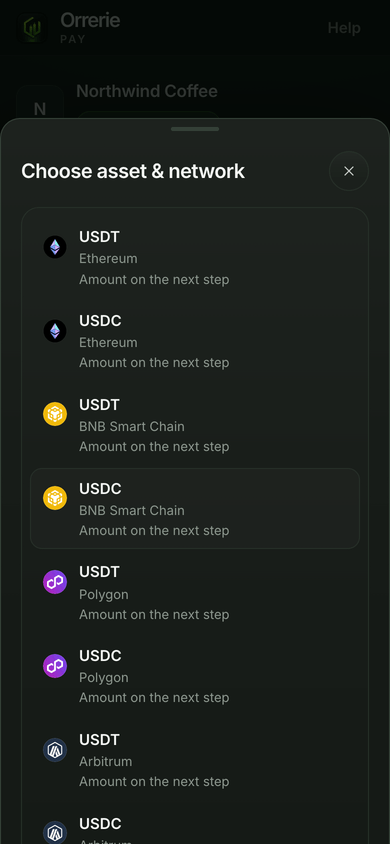 The checkout on a phone with its list of coins open: each coin and network the business accepts, for a payer paying from any wallet.