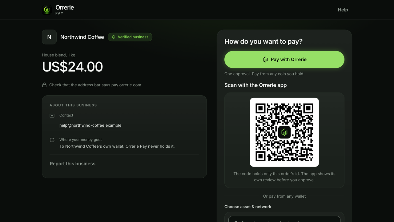 The checkout a payment link opens, on a desktop: Pay with Orrerie with its QR code, then any wallet.