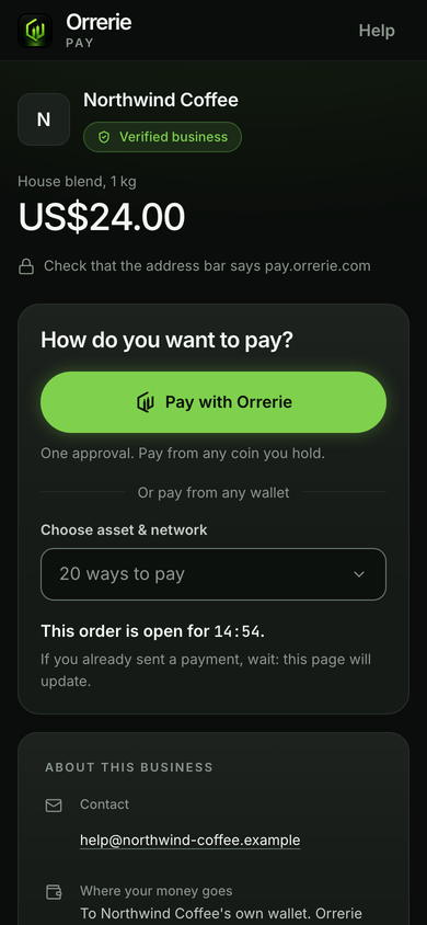The checkout on a phone: Pay with Orrerie first, then a list of coins and networks to pay from any wallet.