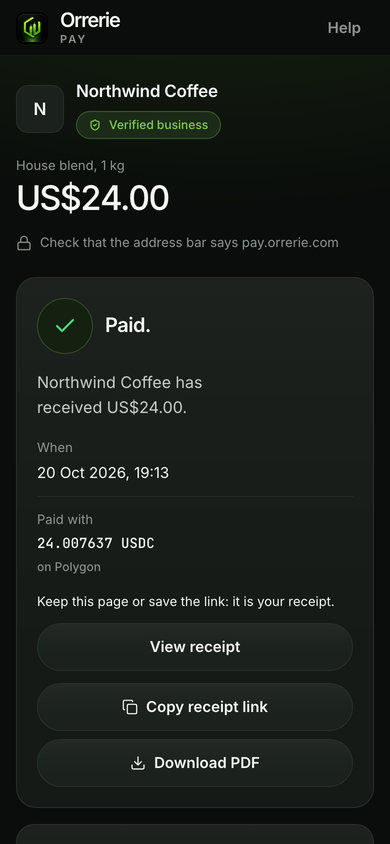 The checkout on a phone once the customer has paid: Paid, and Northwind Coffee has received the full price.