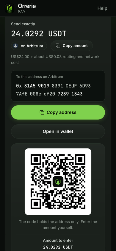 The checkout on a phone paying with USDT on Arbitrum through Relay: the price and the routing and network cost on its own line.