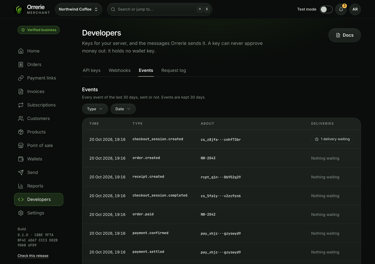 Developers › Events in the dashboard: the events of two paid orders and where each was delivered.