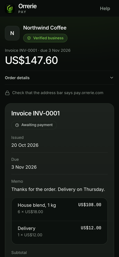 The invoice page on a phone: invoice INV-0001 to Café Lumen, awaiting payment, its lines and its total.