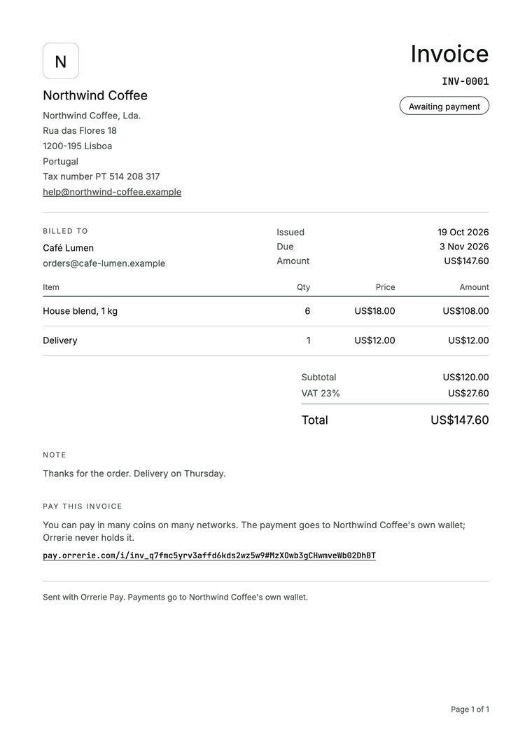 The PDF of invoice INV-0001 as the dashboard downloads it: Northwind Coffee, Lda., the lines, VAT and the total.