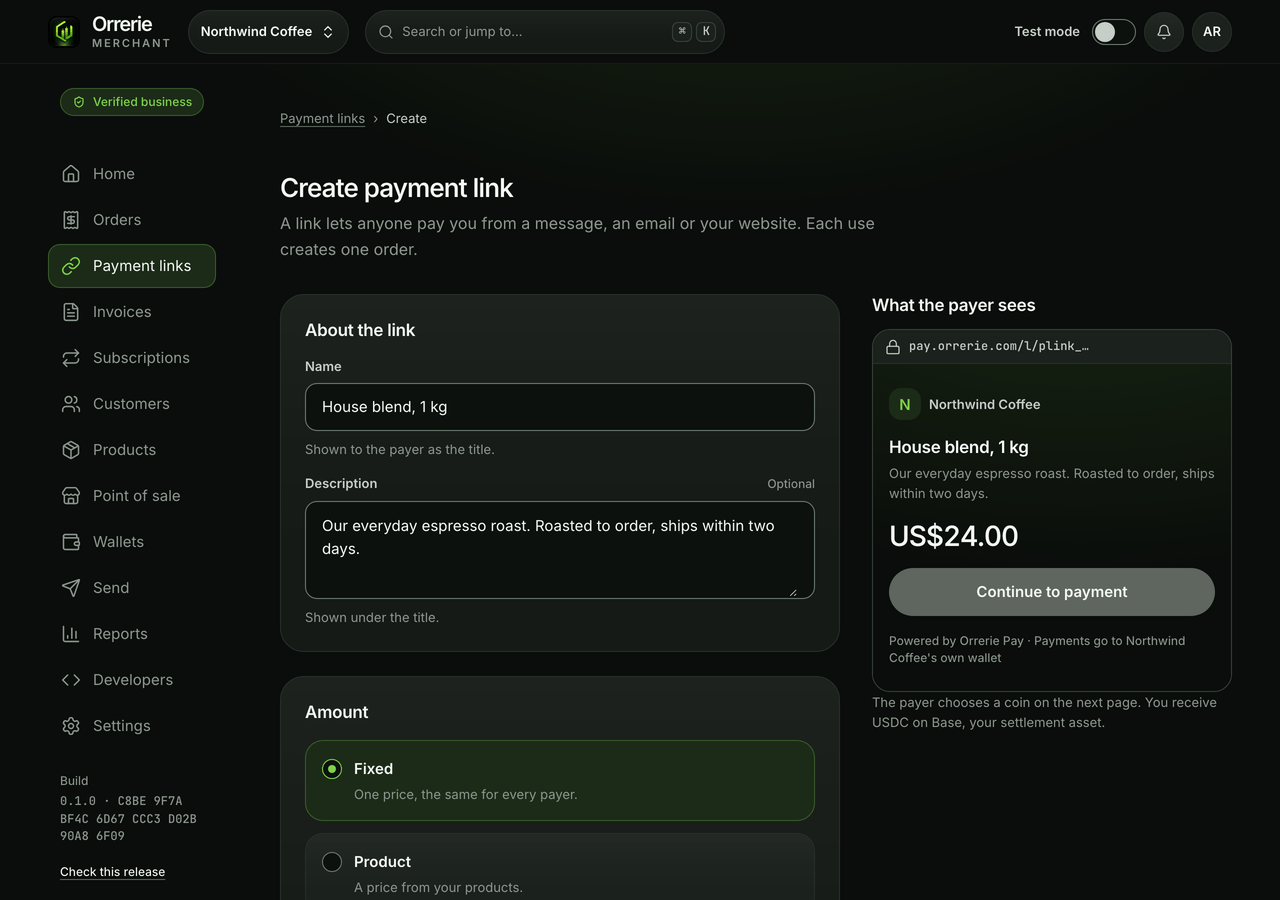 Create payment link in the dashboard: the name, the description and the price, with what the payer sees beside the form.