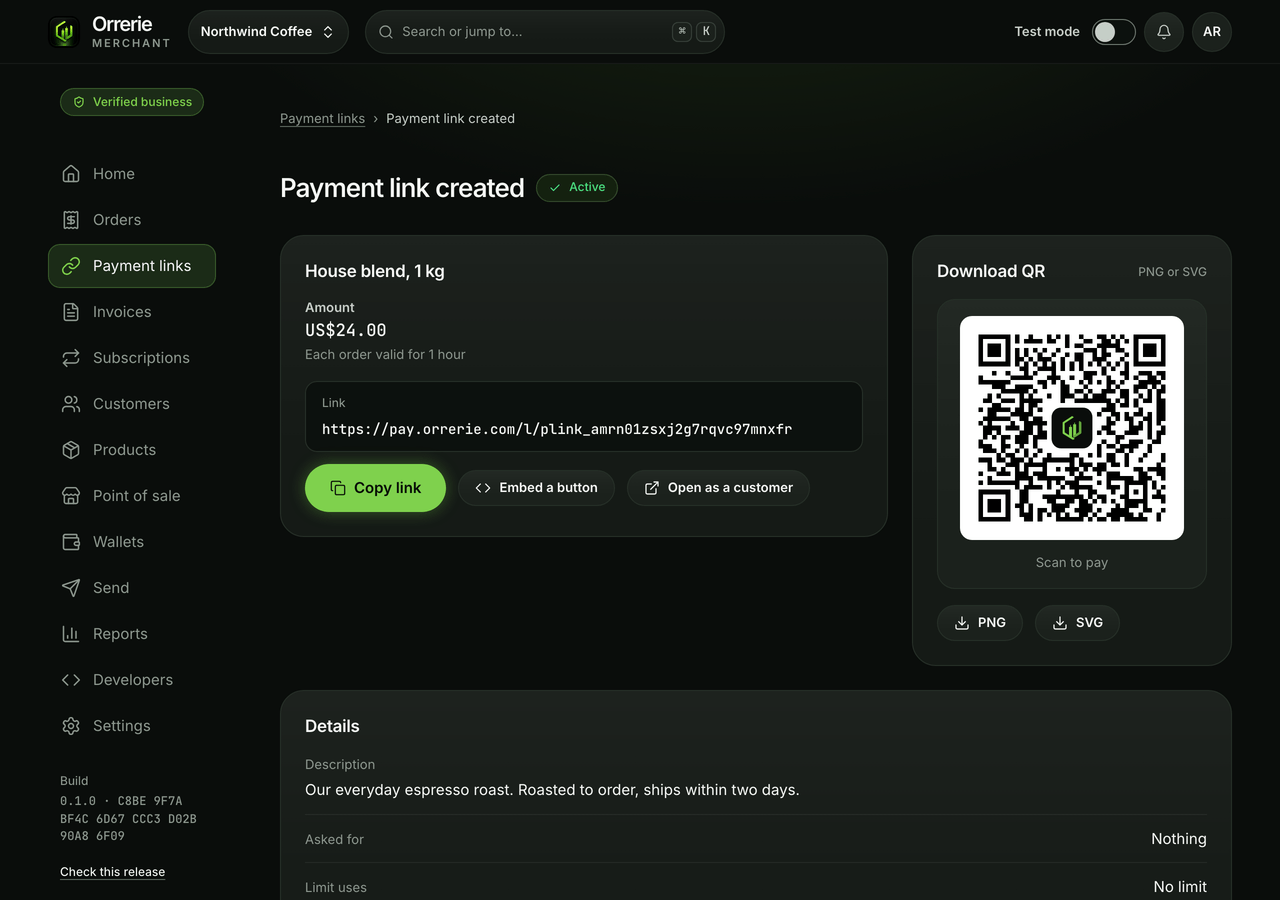 A payment link just made in the dashboard: its address, Copy link, its QR code and Embed a button.