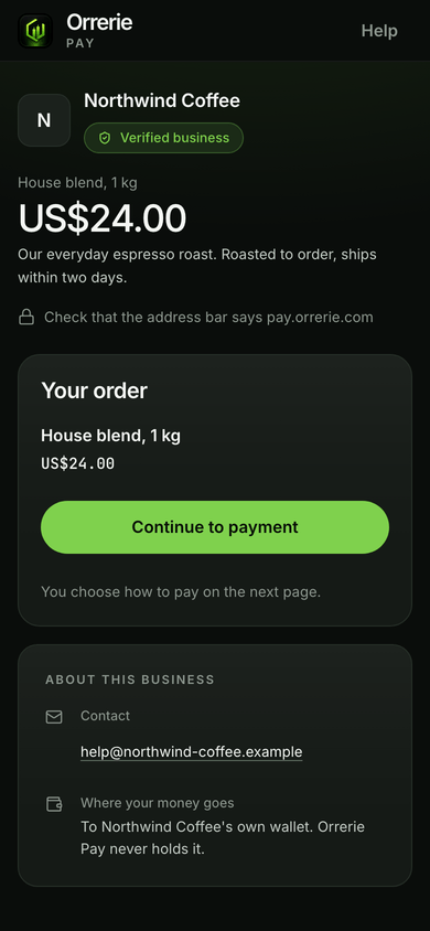 A payment link on a phone: the business's name, House blend, 1 kg, its price, and Continue to payment.