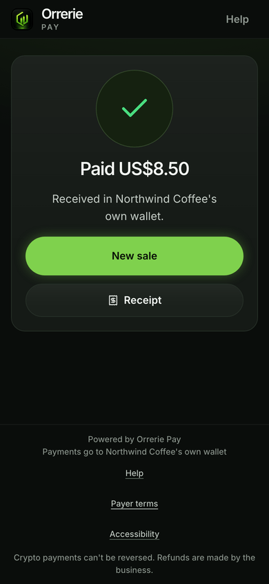 The till on a phone: Paid, received in Northwind Coffee's own wallet.