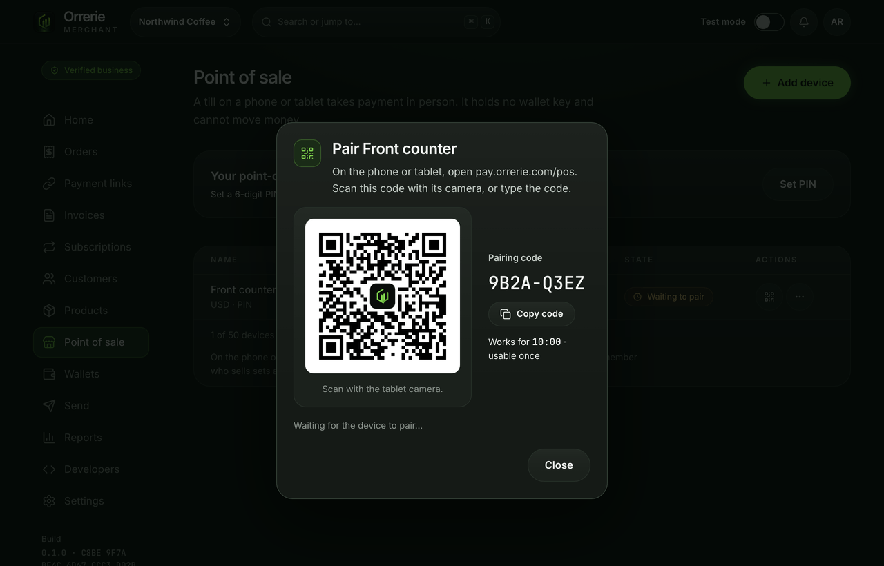 Point of sale in the dashboard: the pairing code of a new device and its QR code.