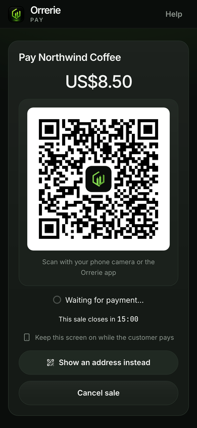 The till on a phone showing the sale's QR code for the customer to scan, and the time left.