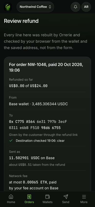 A refund's Review on a phone, waiting for a person's passkey: the order it is for, the customer's address and what the customer receives.