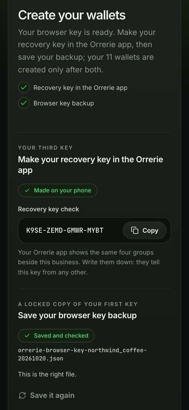 Sign-up on a phone: the recovery key made in the Orrerie app, and the browser key backup saved and checked.