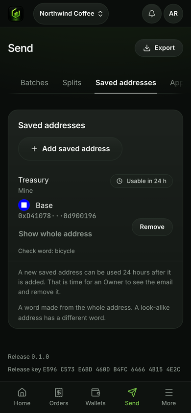Send › Saved addresses on a phone: a new address, Treasury, usable in 24 hours.