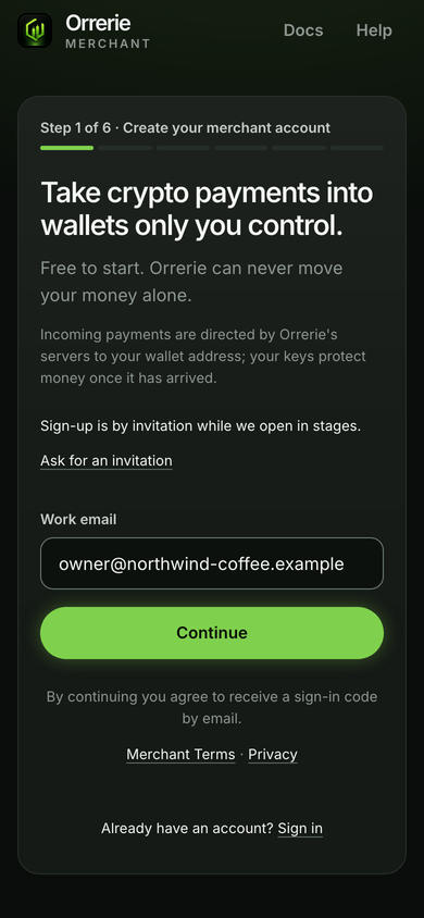 The first step of sign-up on a phone: a work email, then Continue.