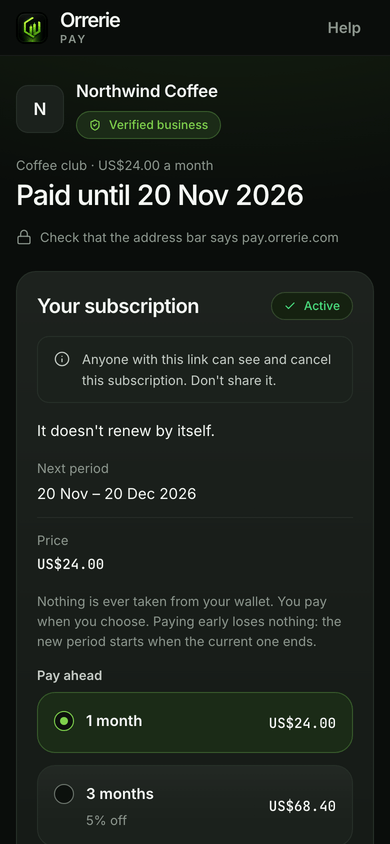 The subscriber page on a phone: Coffee club, paid until the period ends, Active, and Pay ahead.