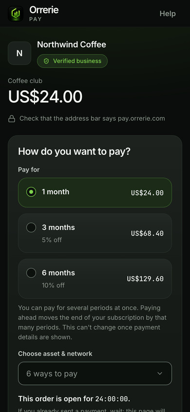 The checkout of a subscription's first order on a phone: one month, or three or six at once at a discount.