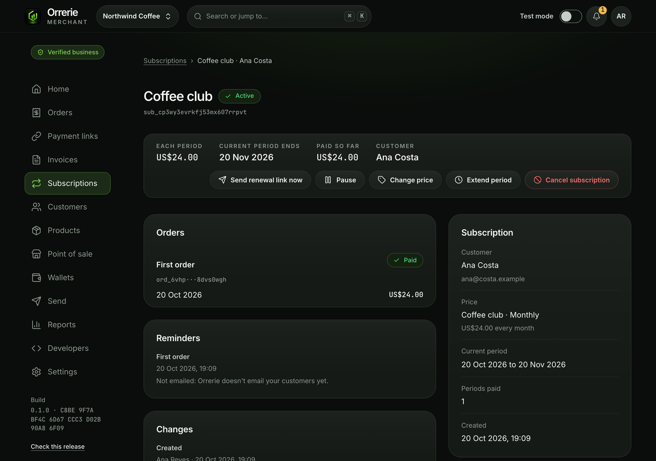 A subscription in the dashboard: Coffee club for Ana Costa, Active, its first order paid.