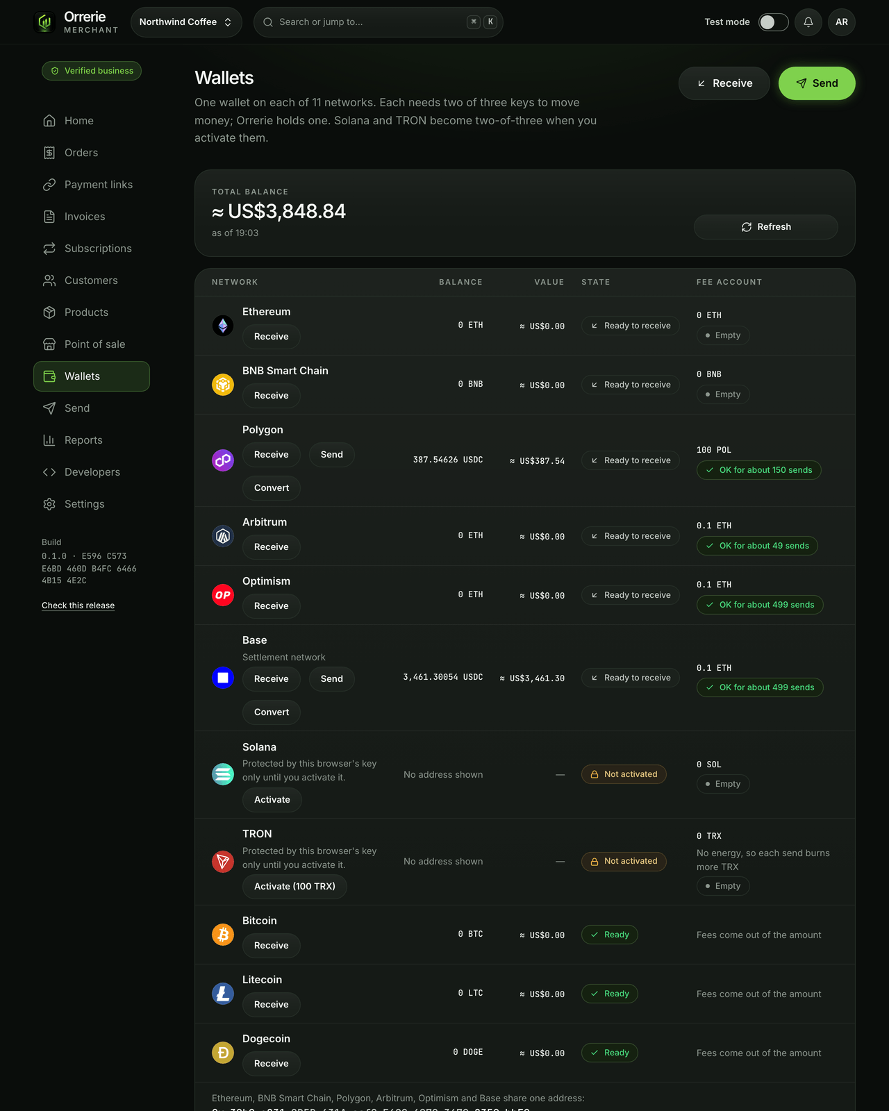 The Wallets screen of the dashboard: a wallet on each network and the takings kept in USDC on Base; Solana and TRON are not yet activated.