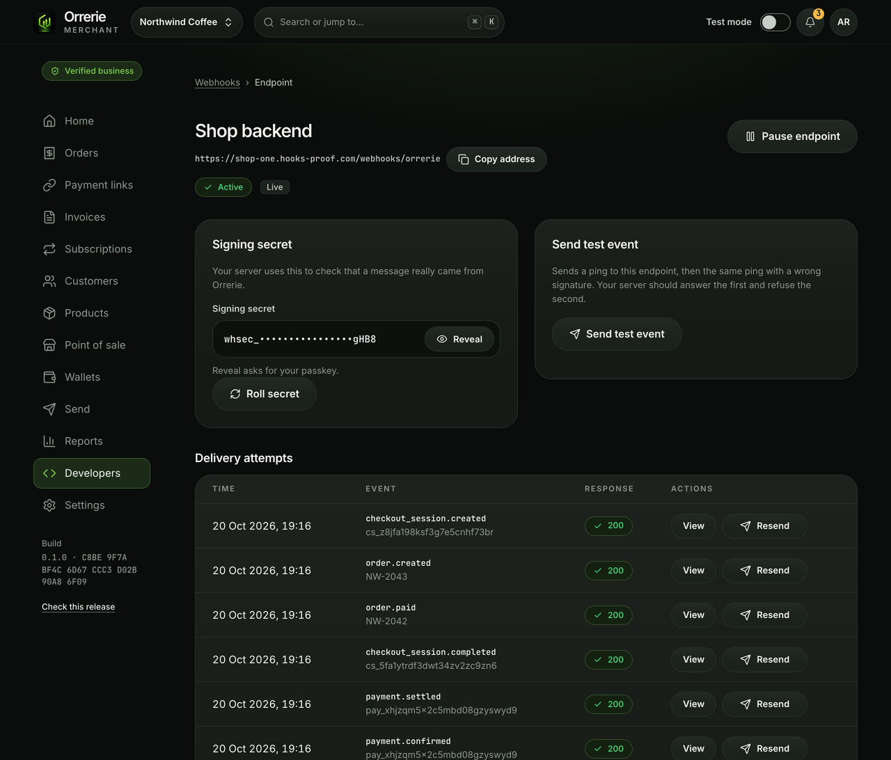 A webhook endpoint in the dashboard: each event of two paid orders delivered to the shop's server and answered 200.