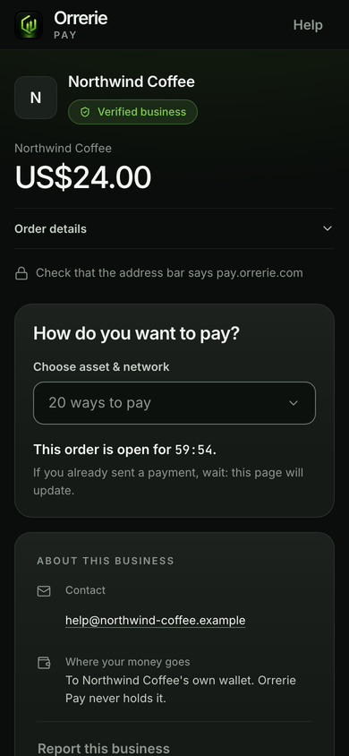 The checkout of a shop's order on a phone, made by the same call the plug-in makes: Northwind Coffee, the order's price, and the payer's choice of how to pay.